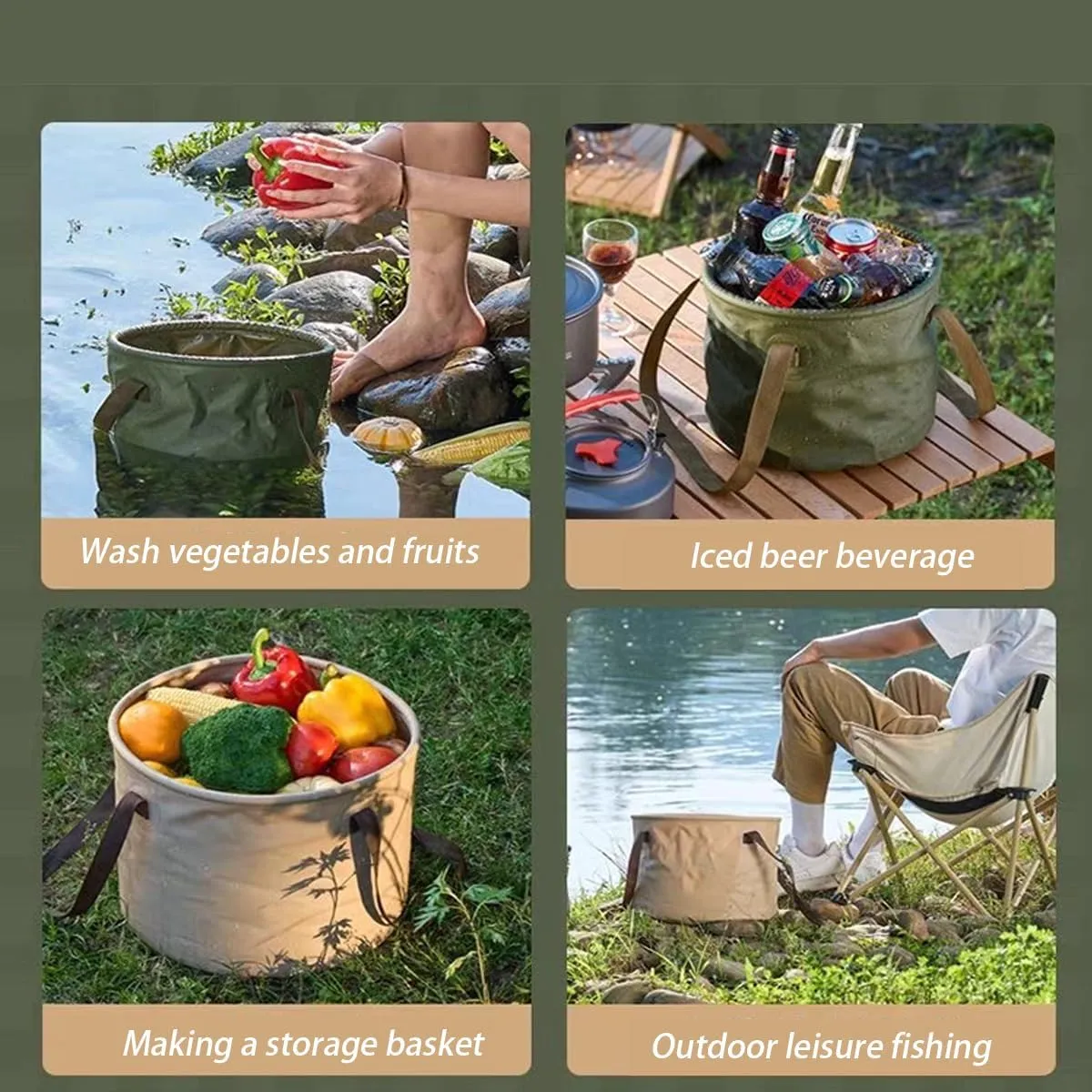 Foldable Bucket, Portable Water Storage Device, Outdoor Multifunctional, Military Green, 10L