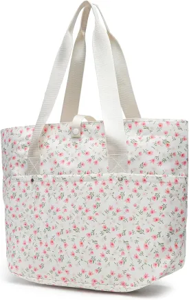Foldable Floral Tote Bag for Women Nylon Travel Handbag with Zipper Cherry Print Purse Daily Commuter Bag for Work