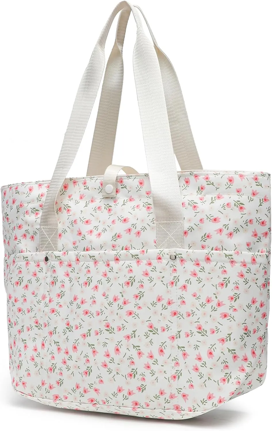 Foldable Floral Tote Bag for Women Nylon Travel Handbag with Zipper Cherry Print Purse Daily Commuter Bag for Work