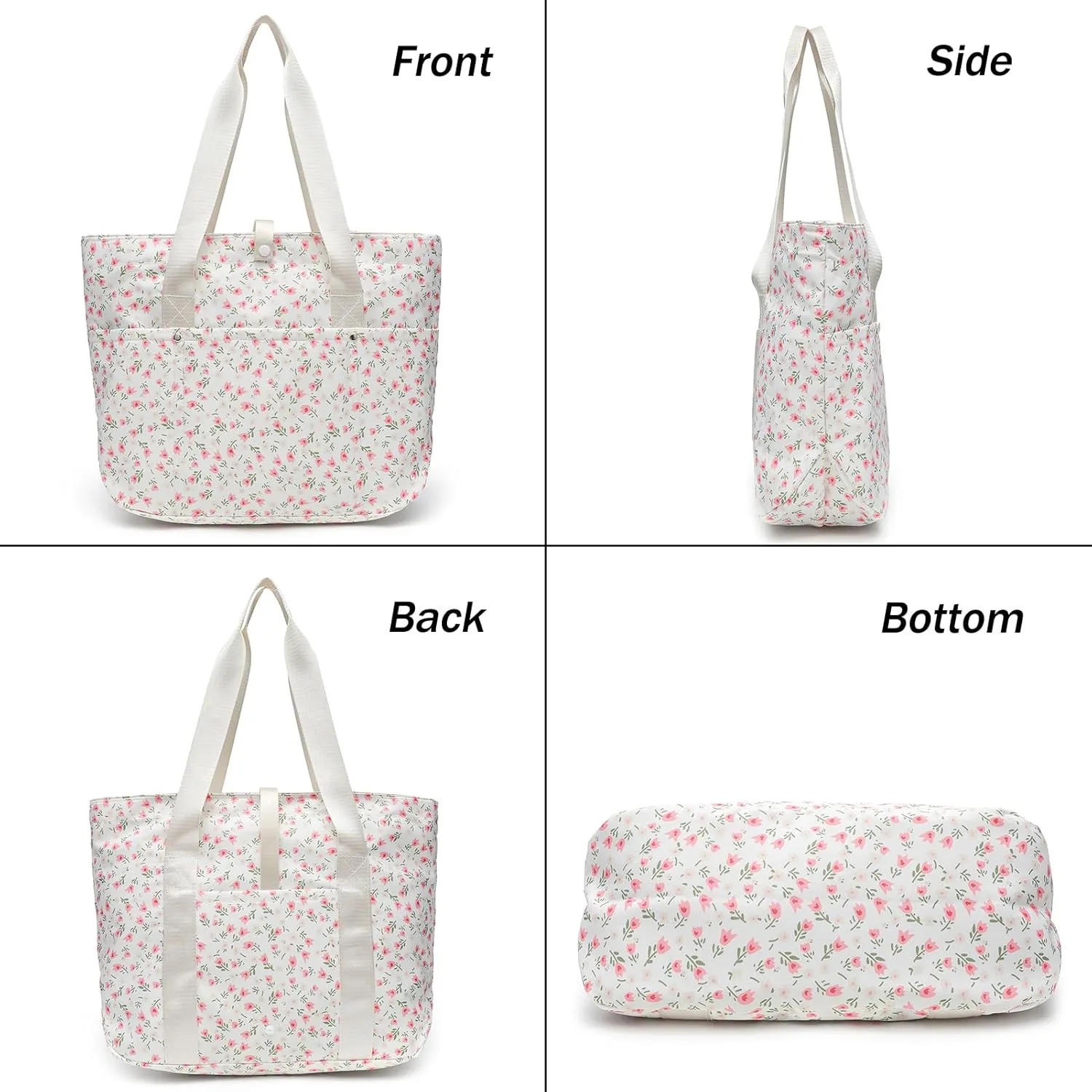 Foldable Floral Tote Bag for Women Nylon Travel Handbag with Zipper Cherry Print Purse Daily Commuter Bag for Work