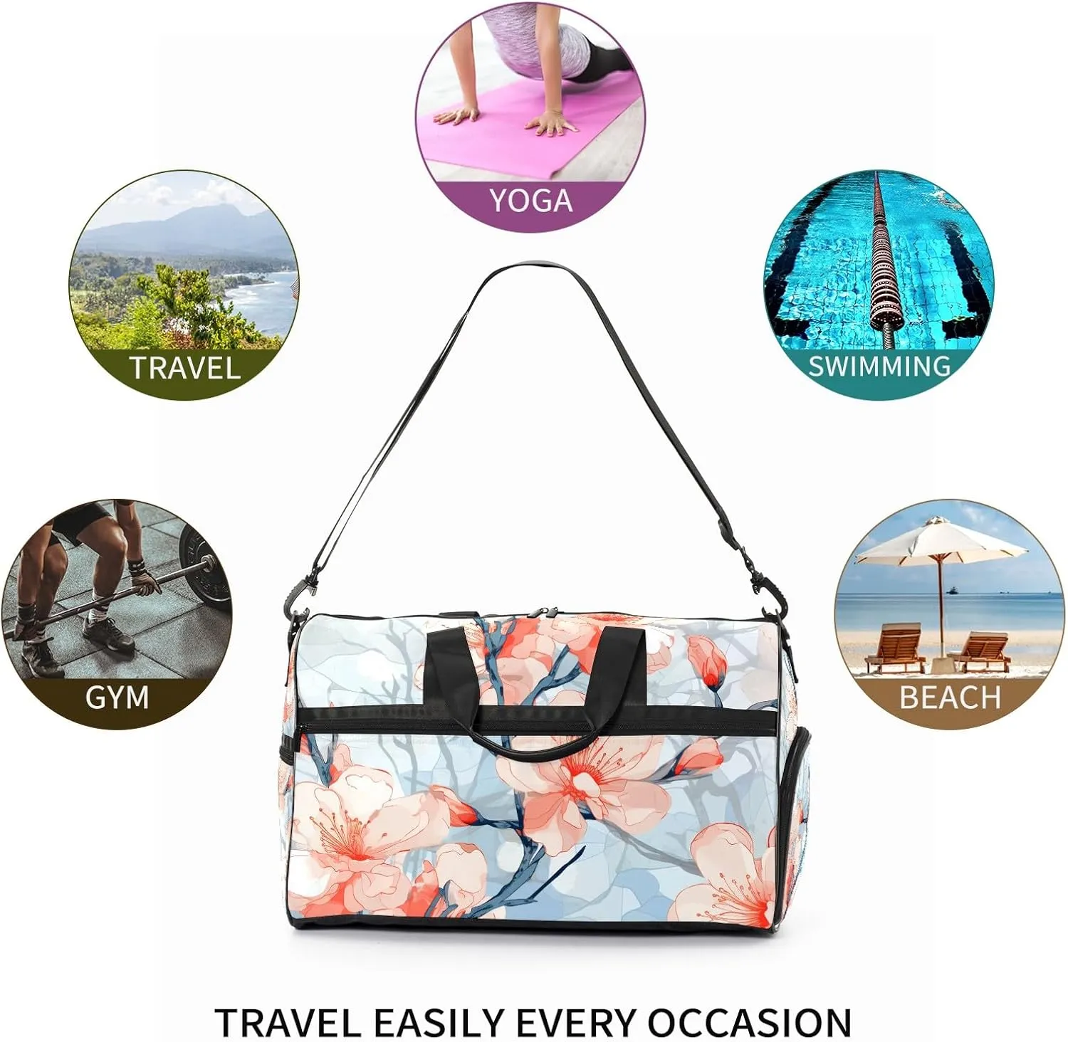 Gym Bag for Women Men, Yoga Bag with Shoe Pocket, Travel Duffel Tote Bag for Plane, Workout, Swimming, Weekend Overnight Bag Carry on Bag Hospital Holdalls, Stained Glass Peach Blossom - 3