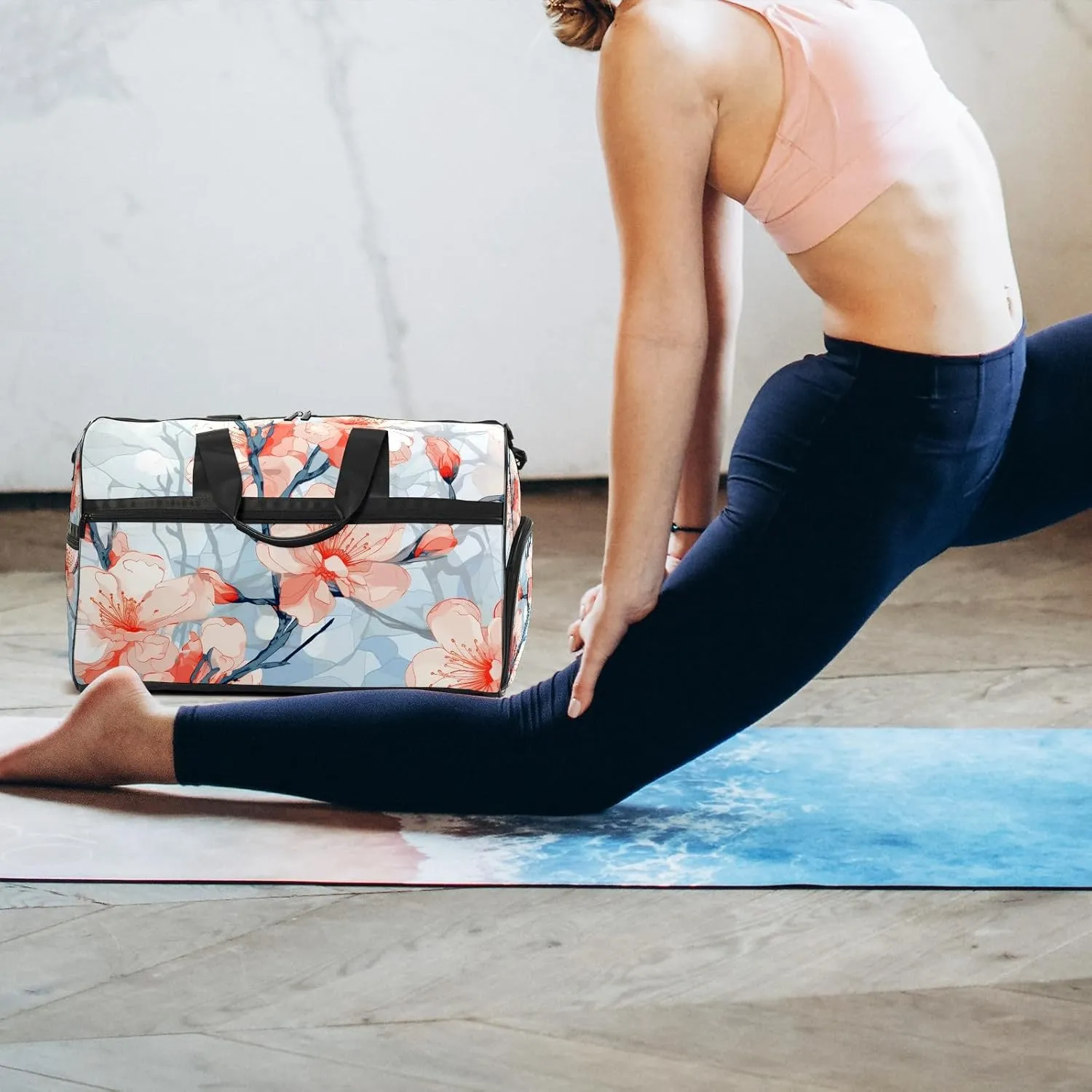 Gym Bag for Women Men, Yoga Bag with Shoe Pocket, Travel Duffel Tote Bag for Plane, Workout, Swimming, Weekend Overnight Bag Carry on Bag Hospital Holdalls, Stained Glass Peach Blossom - 3