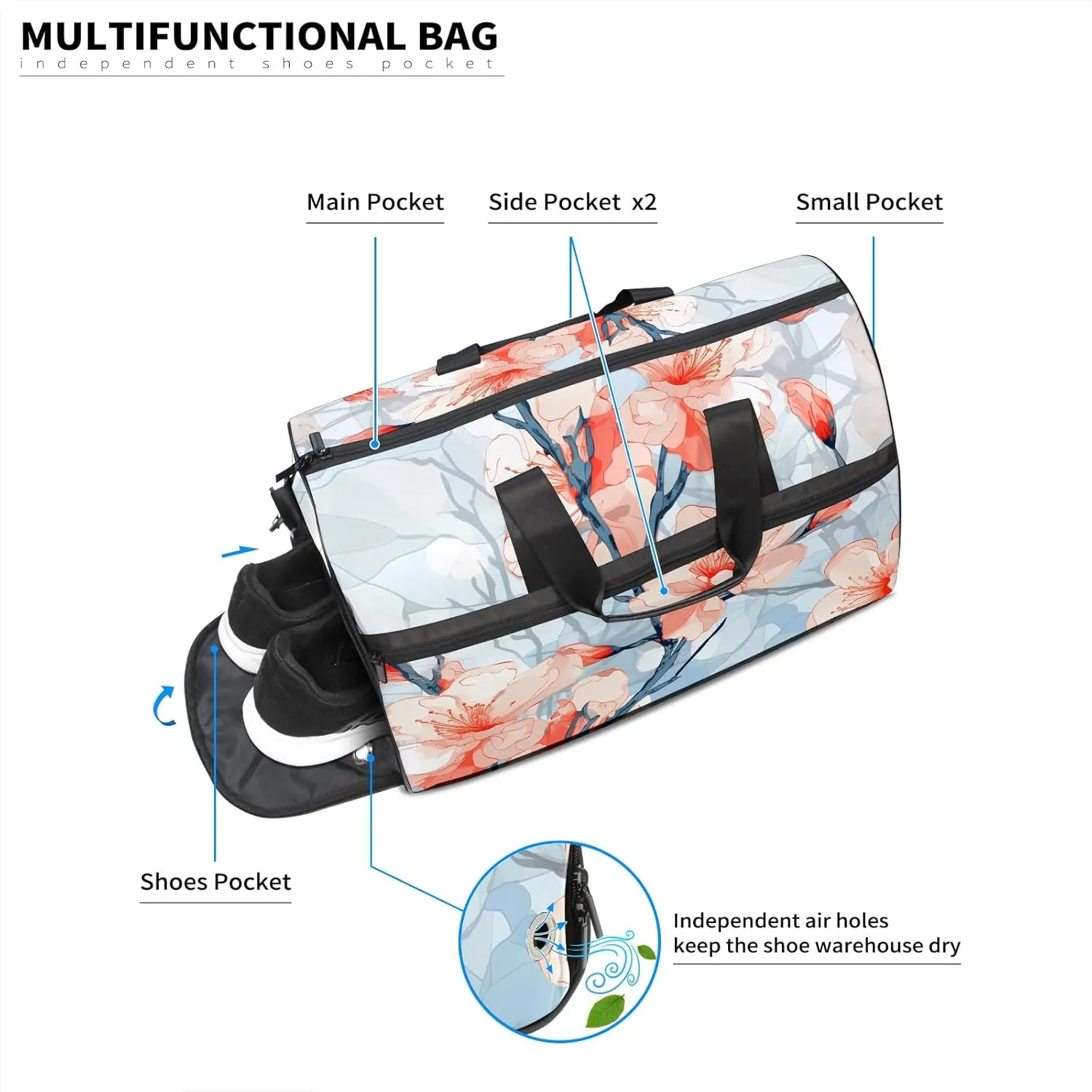 Gym Bag for Women Men, Yoga Bag with Shoe Pocket, Travel Duffel Tote Bag for Plane, Workout, Swimming, Weekend Overnight Bag Carry on Bag Hospital Holdalls, Stained Glass Peach Blossom - 3