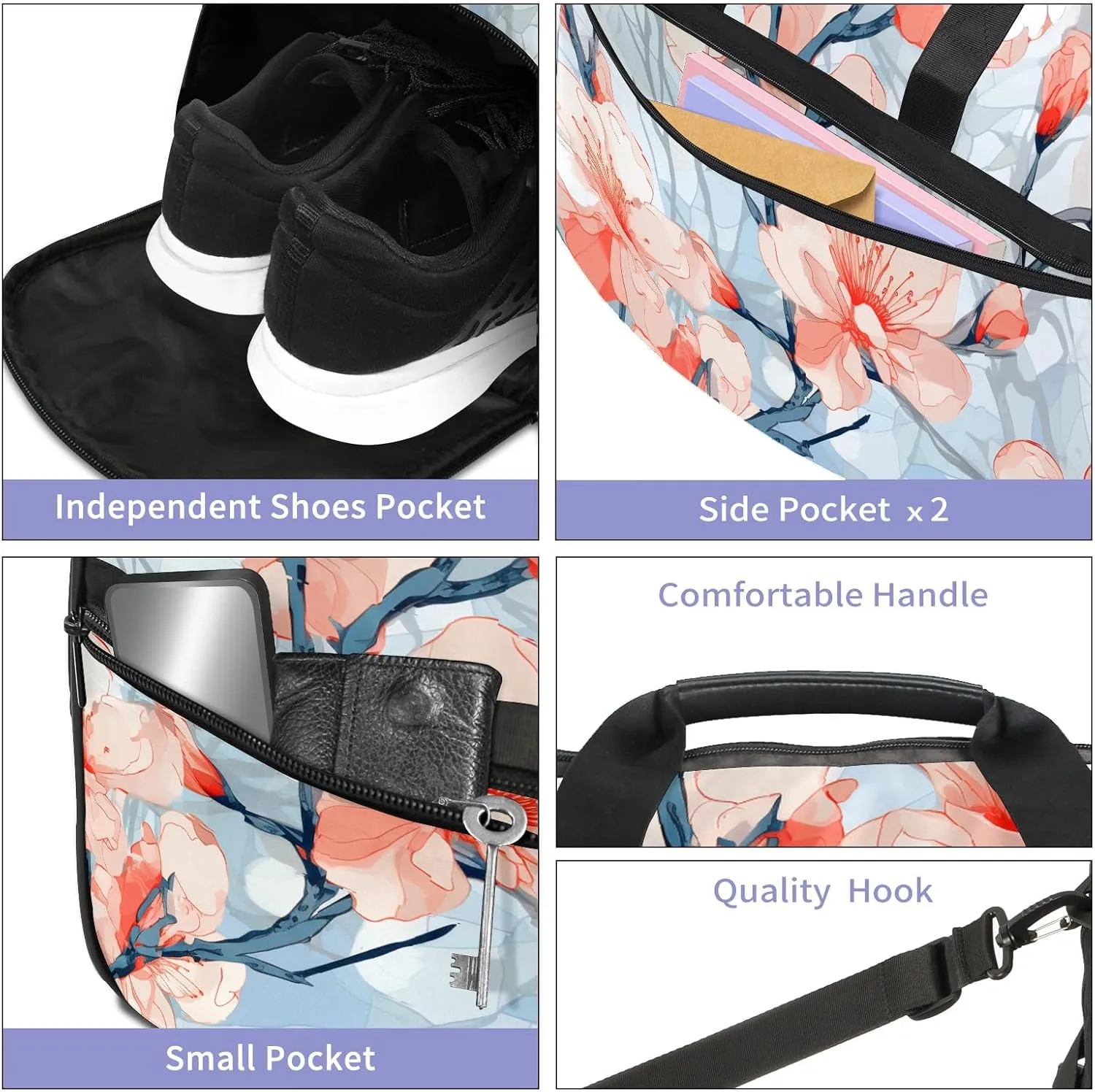Gym Bag for Women Men, Yoga Bag with Shoe Pocket, Travel Duffel Tote Bag for Plane, Workout, Swimming, Weekend Overnight Bag Carry on Bag Hospital Holdalls, Stained Glass Peach Blossom - 3
