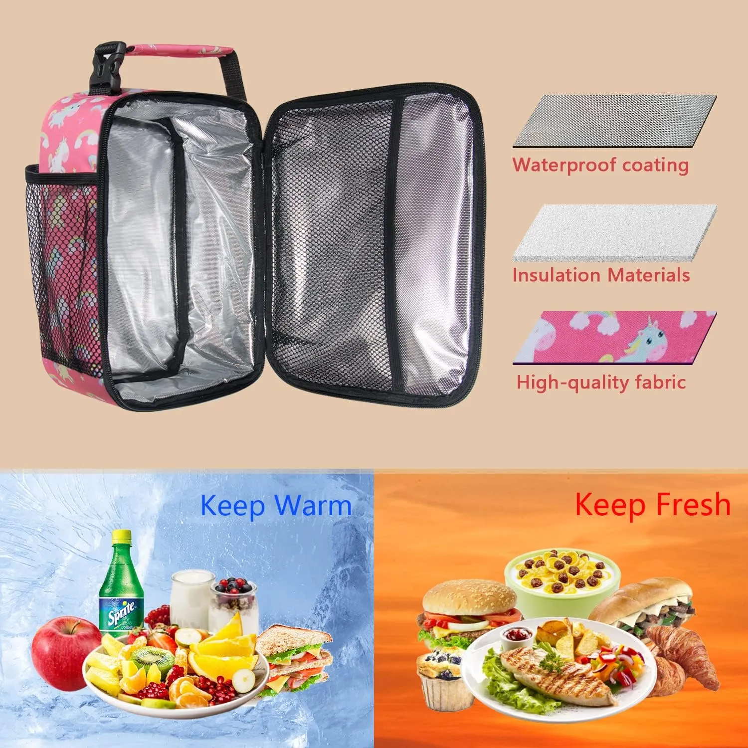 Hap Tim Lunch Box, Insulated Lunch Bags, Soft Mini Cooler Bag for Thermal Meal Tote Kit, Pink Unicorn Rainbow (18654-PKU)