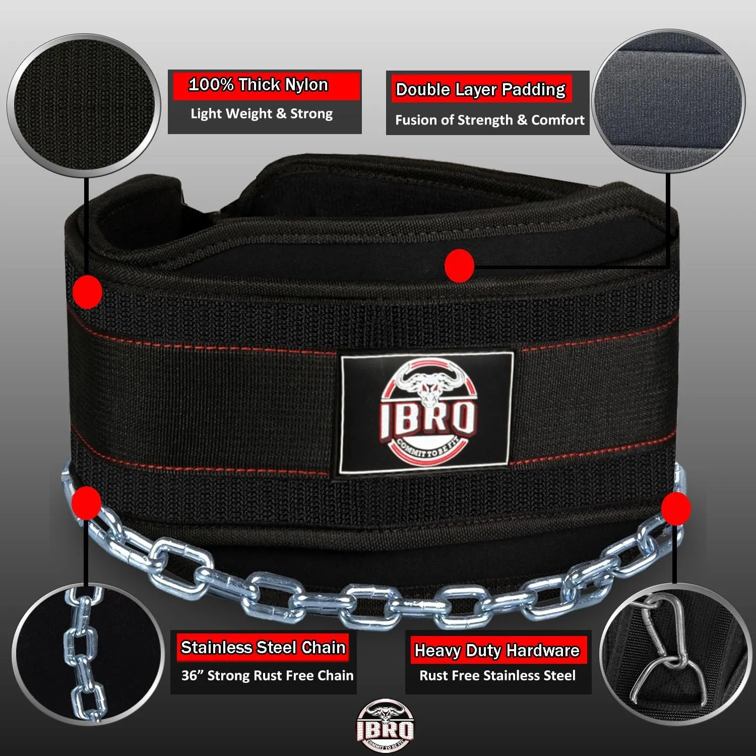 IBRO Advanced Fitness Dipping Belt with Heavy Duty Long Steel Chain | Weighted Dips, Pullups, Bodybuilding, Weight Lifting | Neoprene Waist Support | for Men and Women