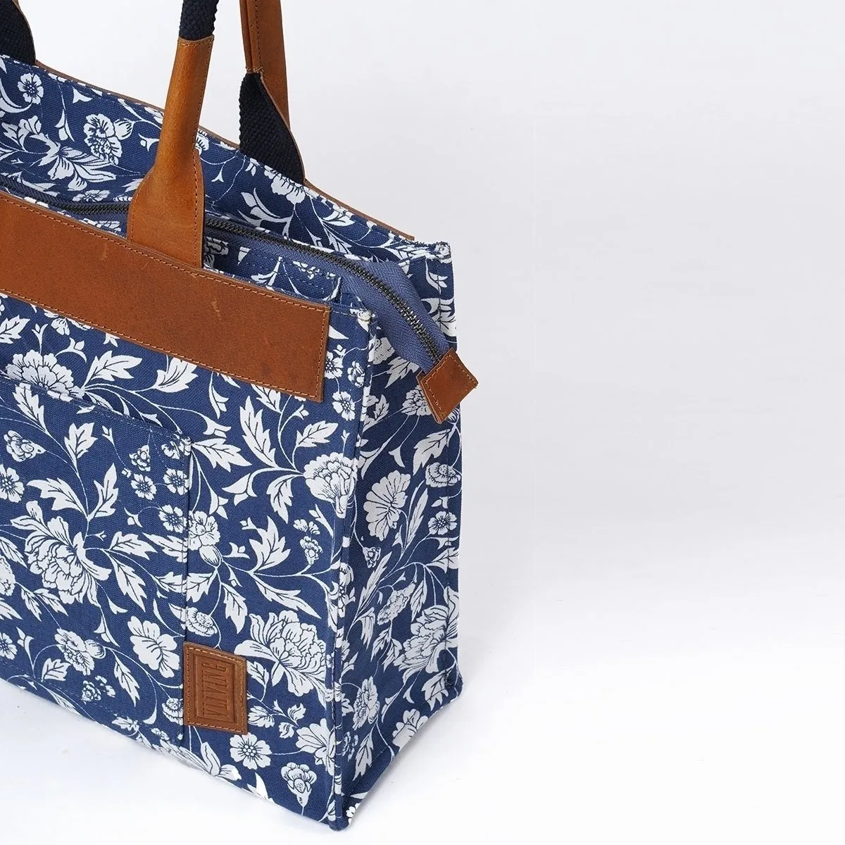 Indigo print cotton and leather tote bag, large tote, shoulder bag