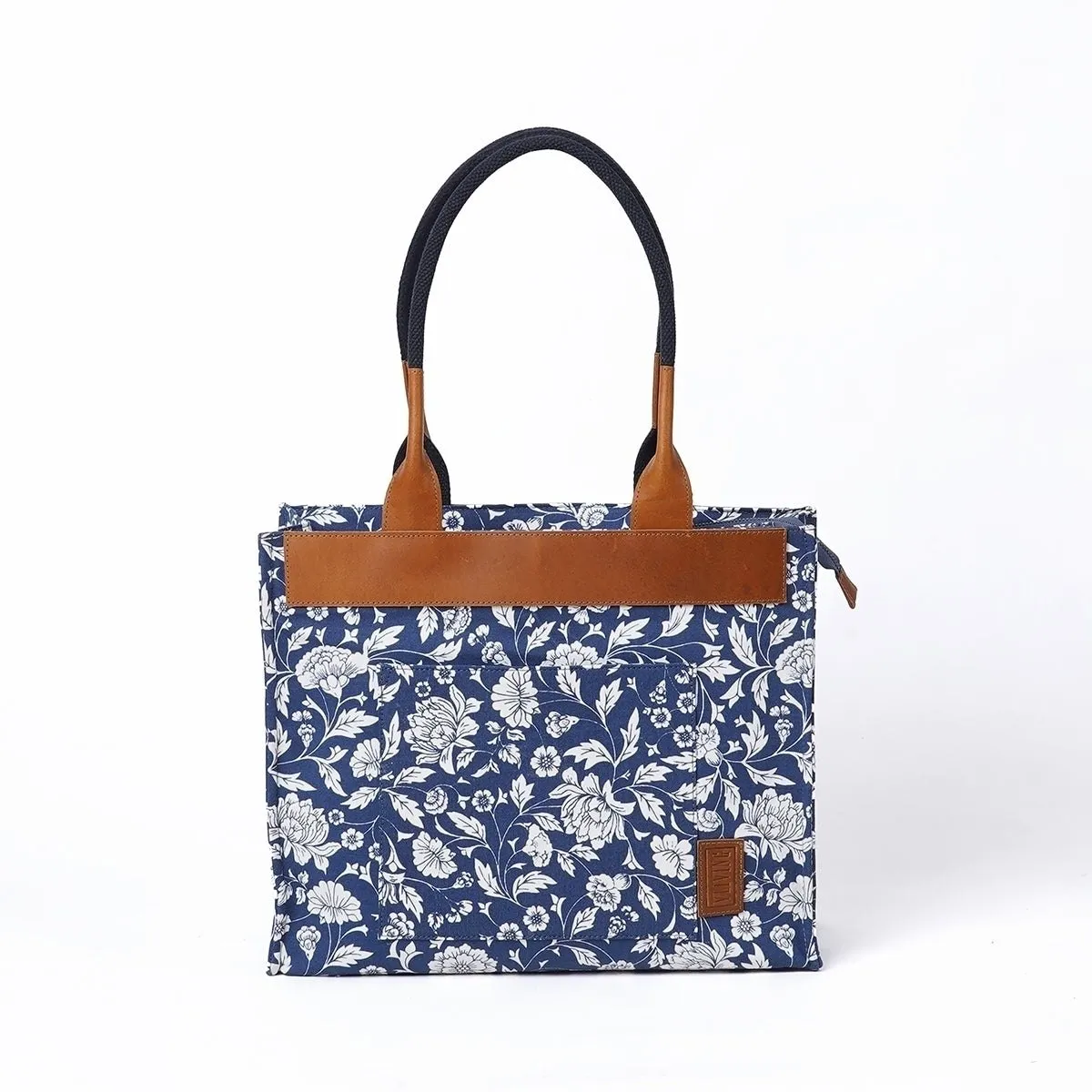 Indigo print cotton and leather tote bag, large tote, shoulder bag