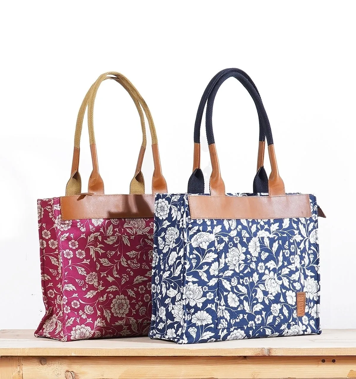 Indigo print cotton and leather tote bag, large tote, shoulder bag
