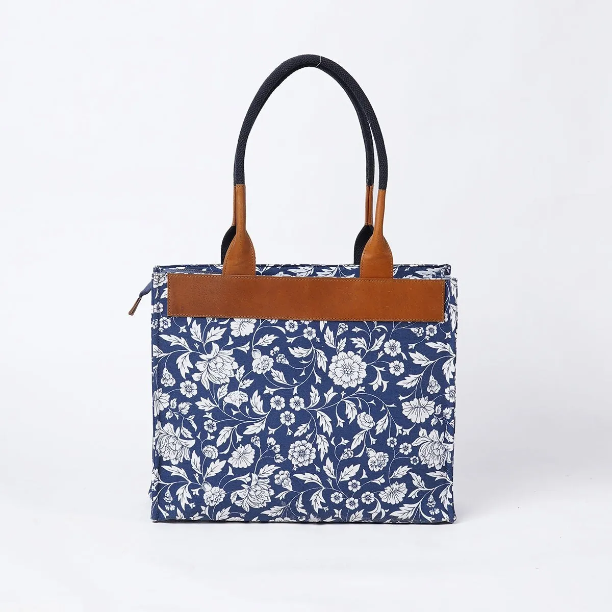 Indigo print cotton and leather tote bag, large tote, shoulder bag