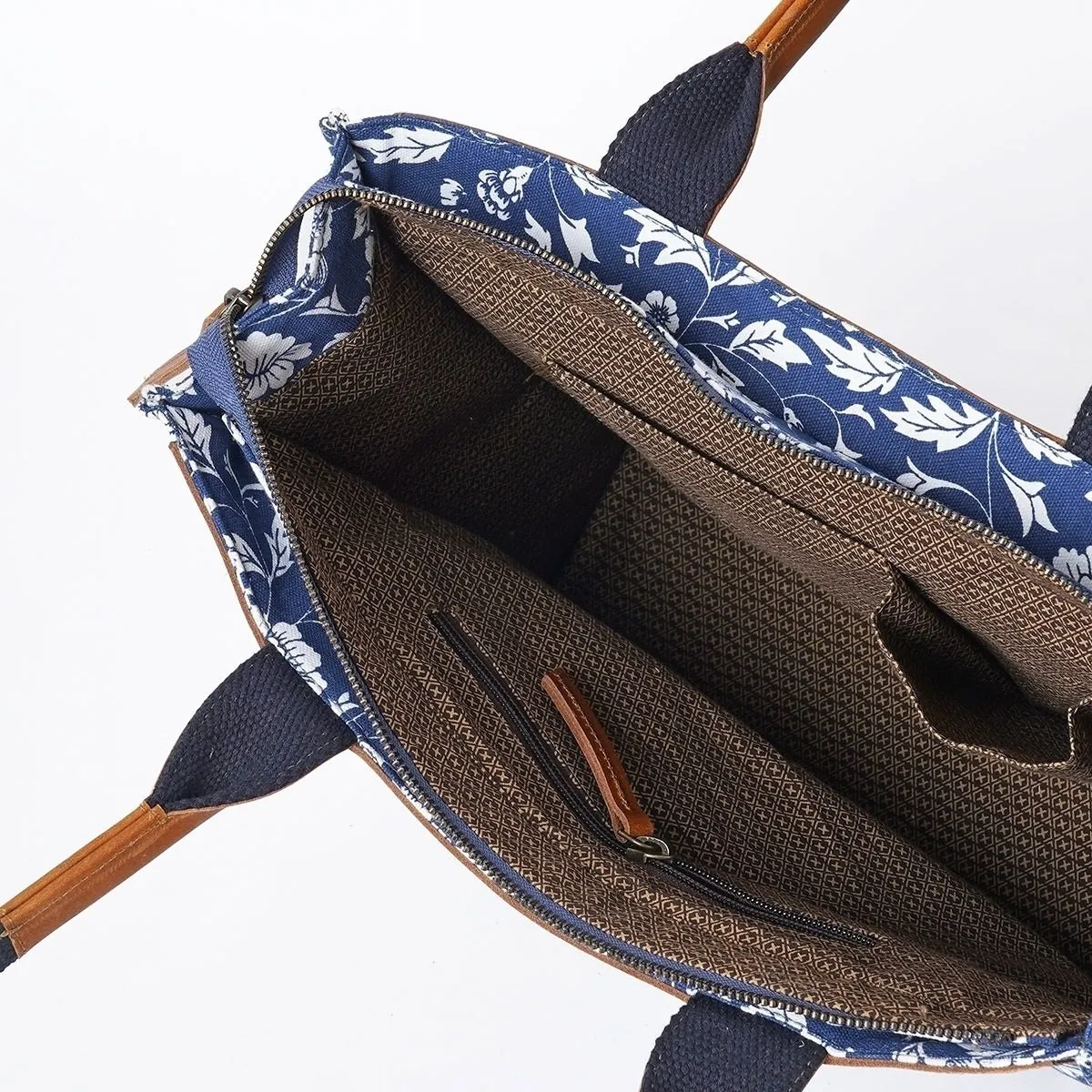 Indigo print cotton and leather tote bag, large tote, shoulder bag