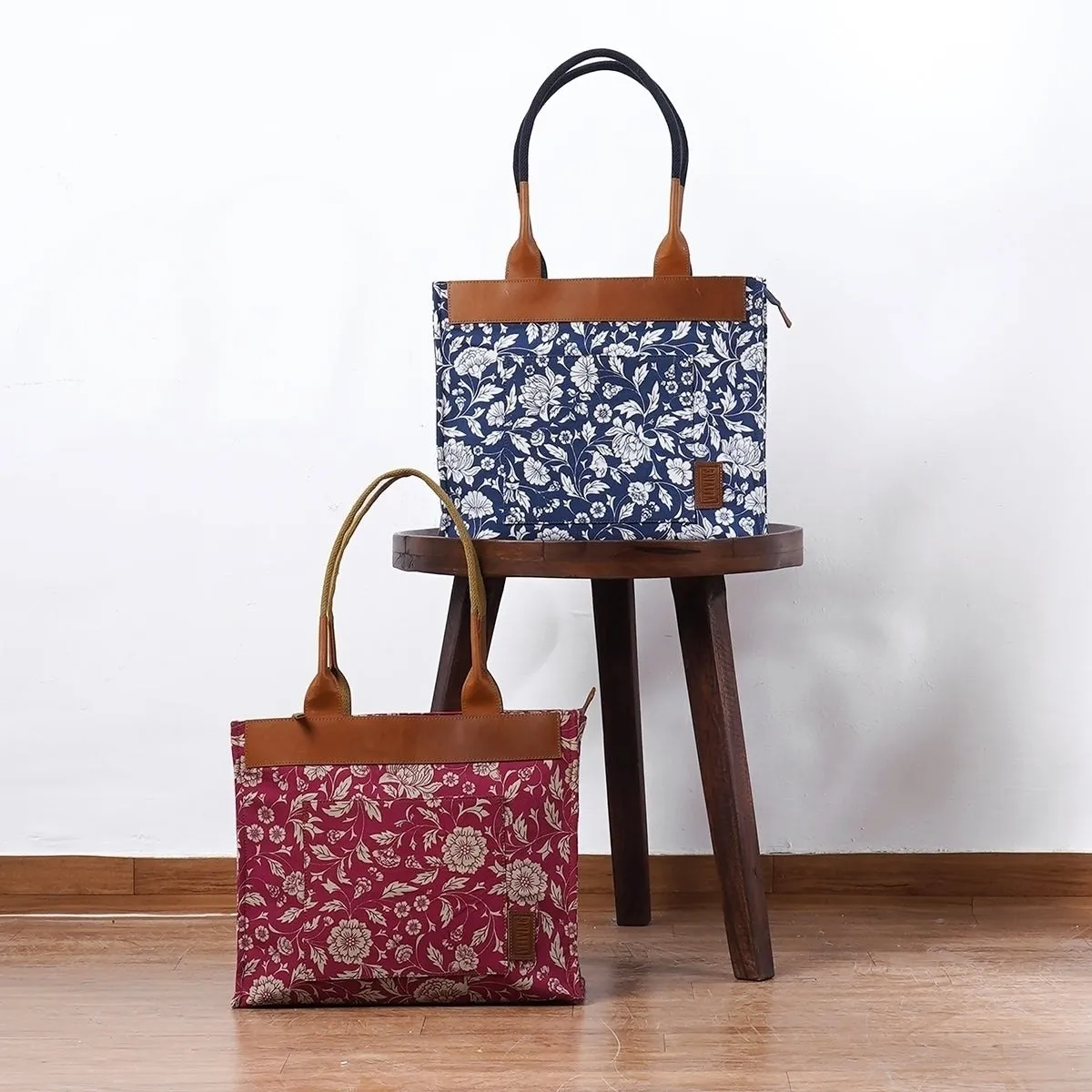 Indigo print cotton and leather tote bag, large tote, shoulder bag