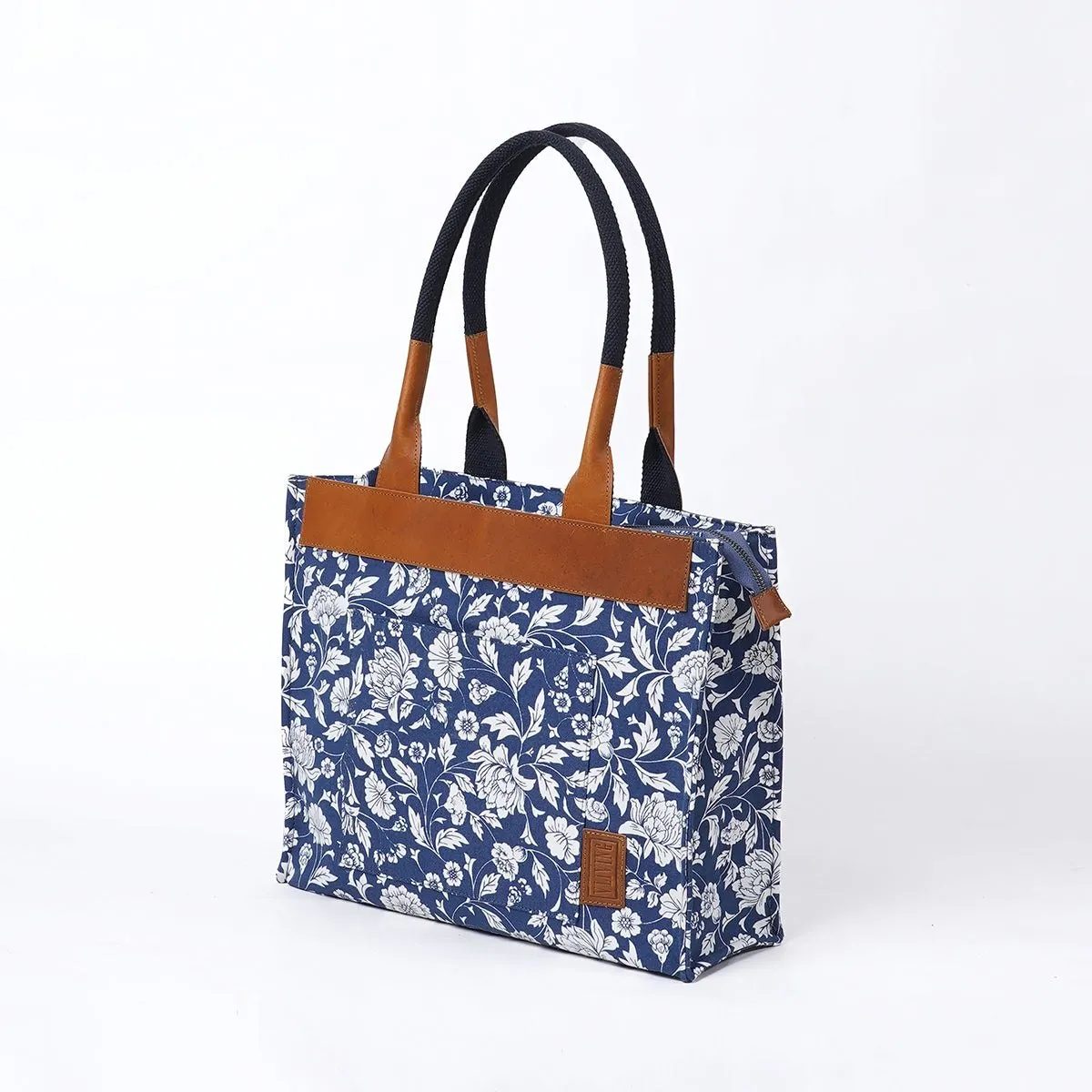 Indigo print cotton and leather tote bag, large tote, shoulder bag