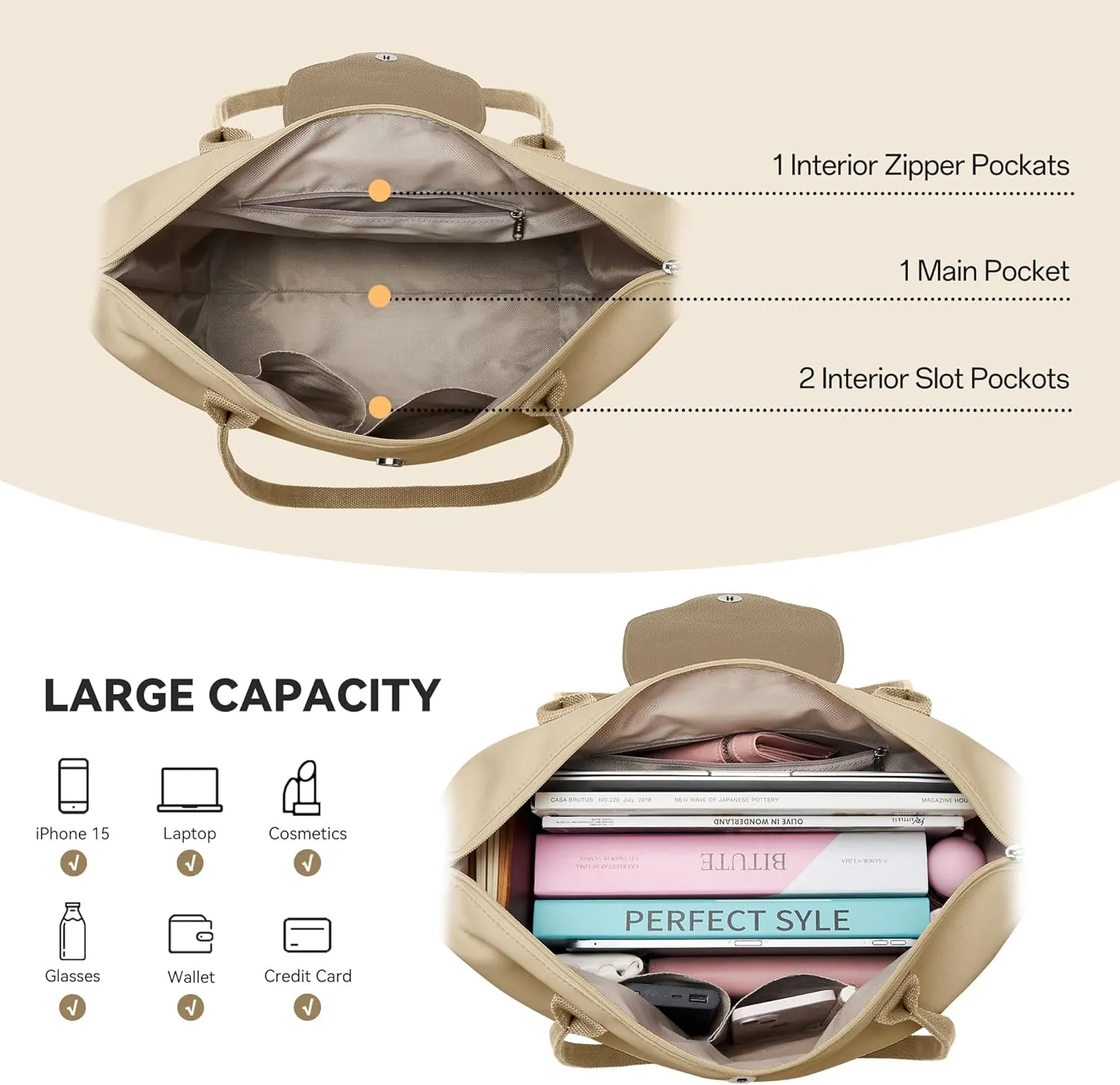KALIDI Tote Bag for Women Nylon Top-Handle Purse,Shoulder Hobo handBag with Zipper Leisure Foldable Weekend