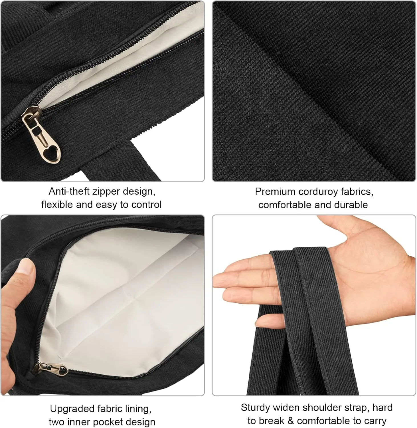 Kememo Corduroy Tote Bag with Zip, Shoulder Bag Women's Hobos Handbags Large Capacity Shopping Bag with Inner Pocket
