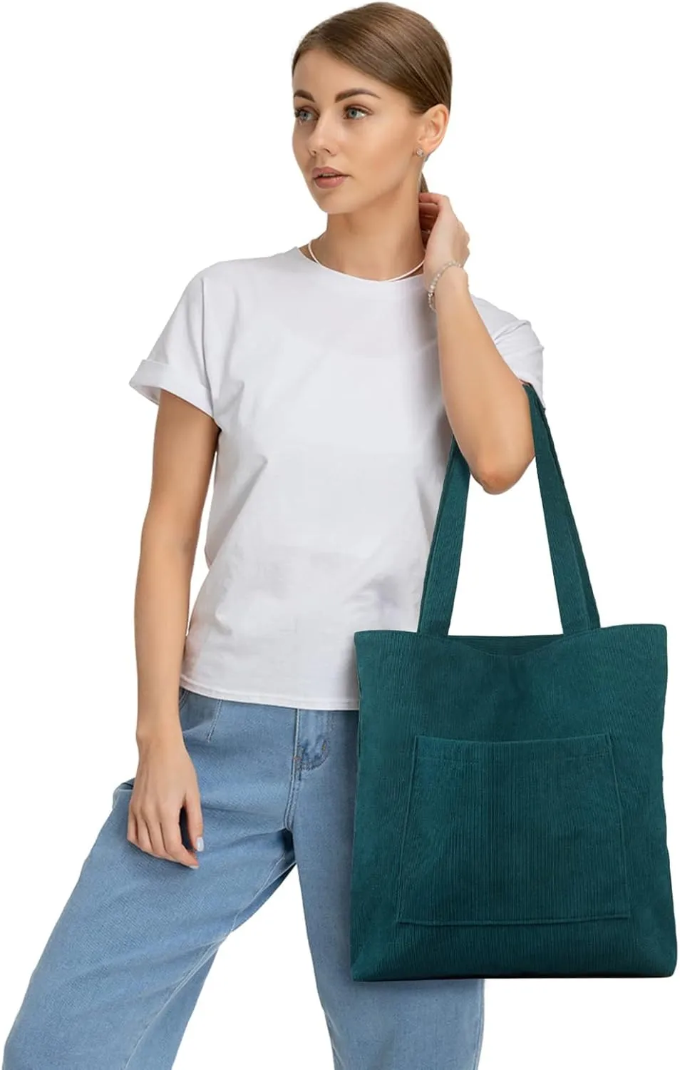 Kememo Corduroy Tote Bag with Zip, Shoulder Bag Women's Hobos Handbags Large Capacity Shopping Bag with Inner Pocket