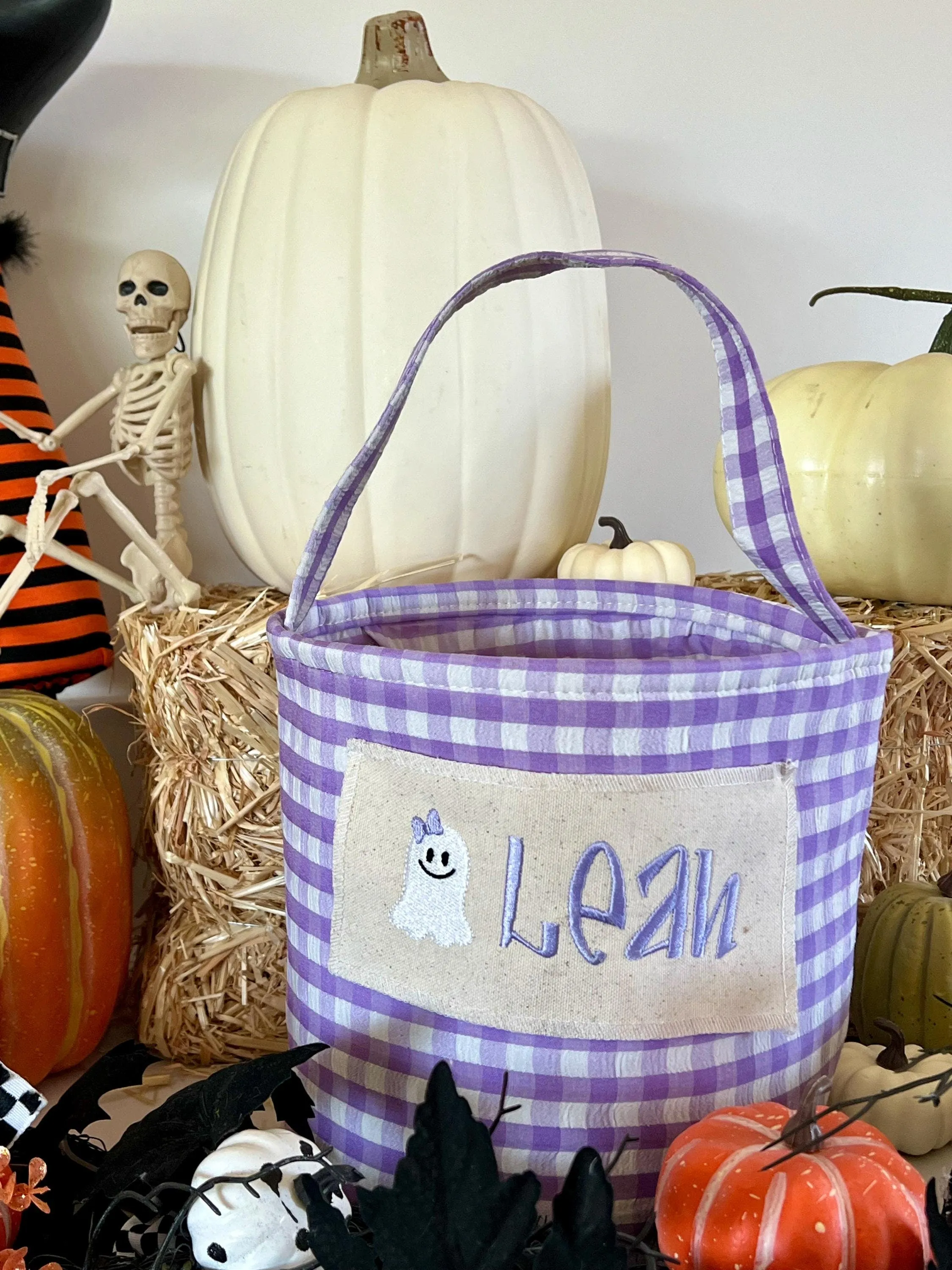 Lavender Gingham Trick or Treat Bag, Custom Halloween Bucket
