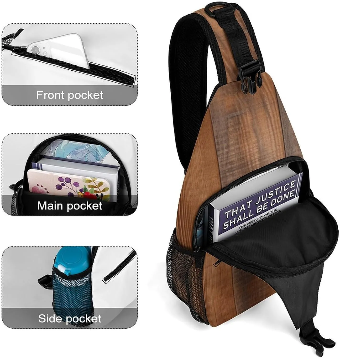 Lightweight Chest Bag Crossbody Bag Brown Wooden Sling Backpack for Women Men Sports Travel