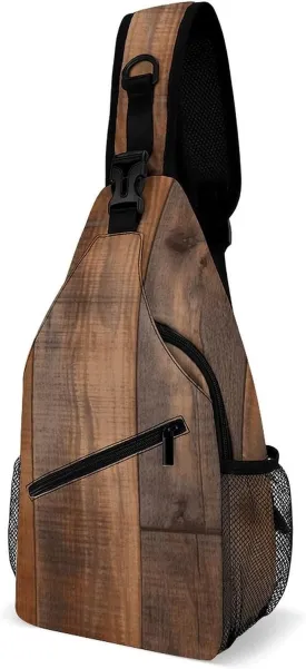 Lightweight Chest Bag Crossbody Bag Brown Wooden Sling Backpack for Women Men Sports Travel