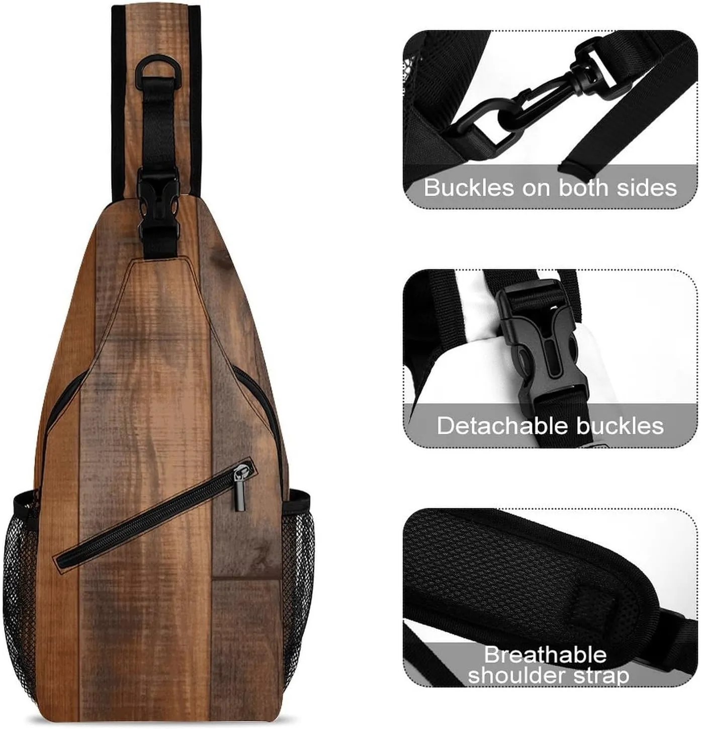 Lightweight Chest Bag Crossbody Bag Brown Wooden Sling Backpack for Women Men Sports Travel