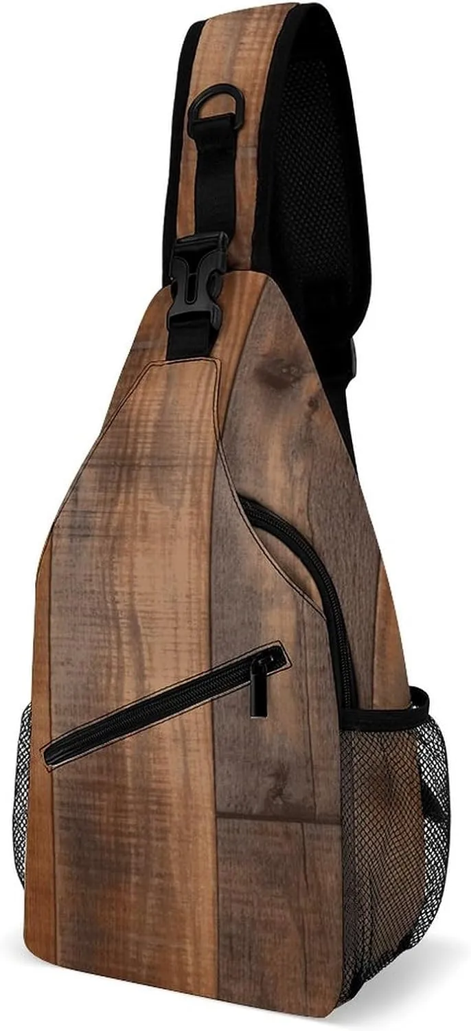 Lightweight Chest Bag Crossbody Bag Brown Wooden Sling Backpack for Women Men Sports Travel