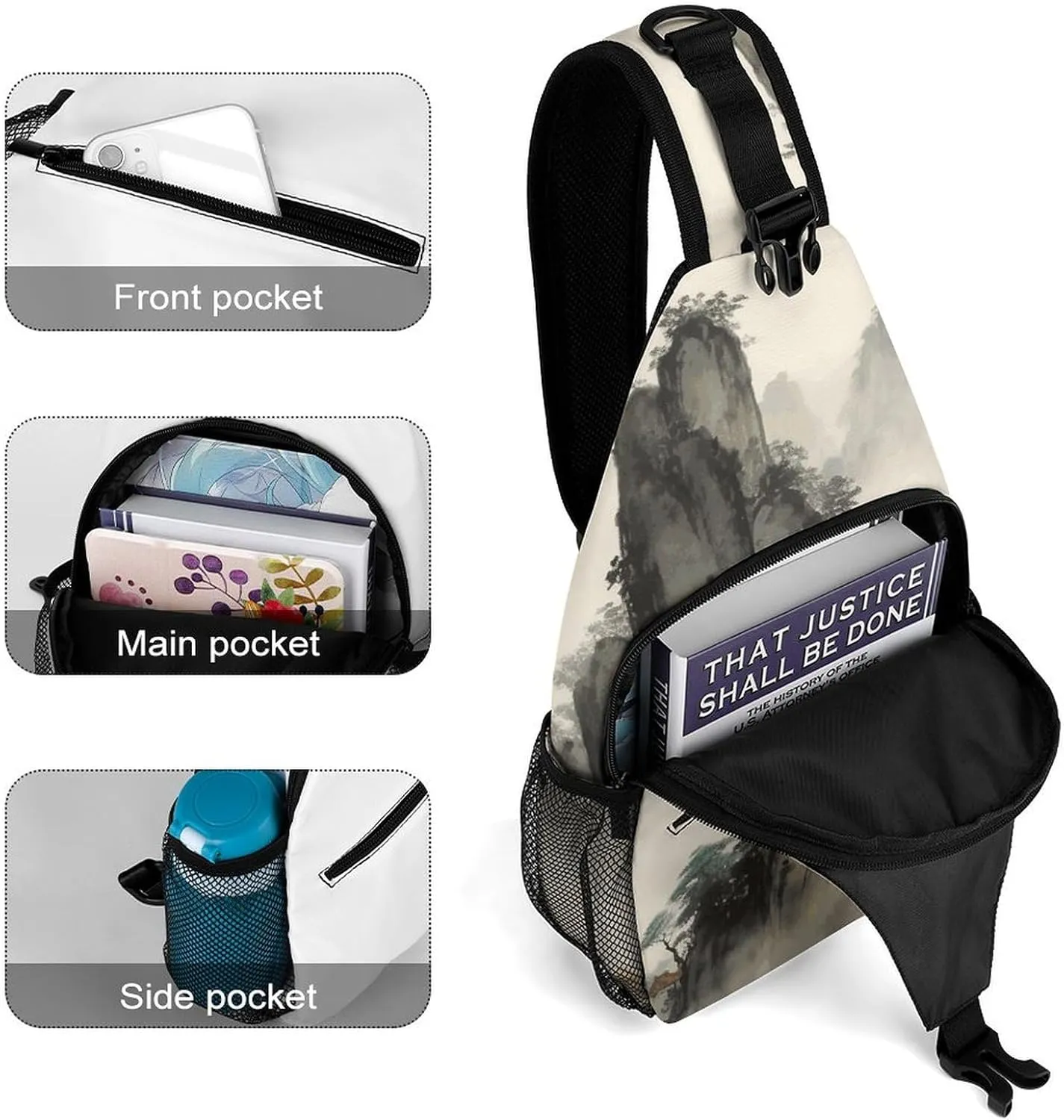 Lightweight Chest Bag Crossbody Bag Chinese Landscape Painting Sling Backpack for Women Men Sports Travel