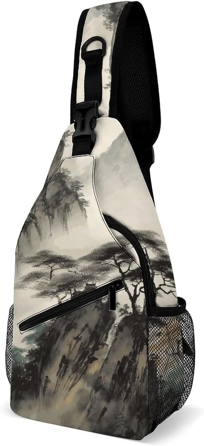 Lightweight Chest Bag Crossbody Bag Chinese Landscape Painting Sling Backpack for Women Men Sports Travel
