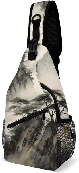 Lightweight Chest Bag Crossbody Bag Chinese Landscape Painting Sling Backpack for Women Men Sports Travel