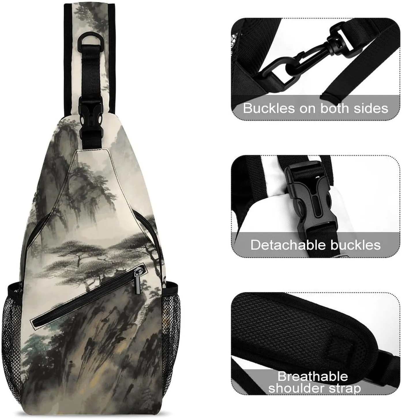 Lightweight Chest Bag Crossbody Bag Chinese Landscape Painting Sling Backpack for Women Men Sports Travel