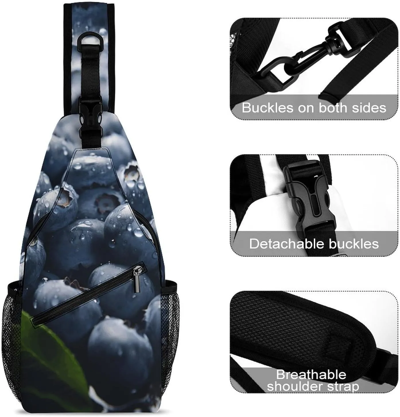 Lightweight Chest Bag Crossbody Bag Delicious Blueberry Sling Backpack for Women Men Sports Travel