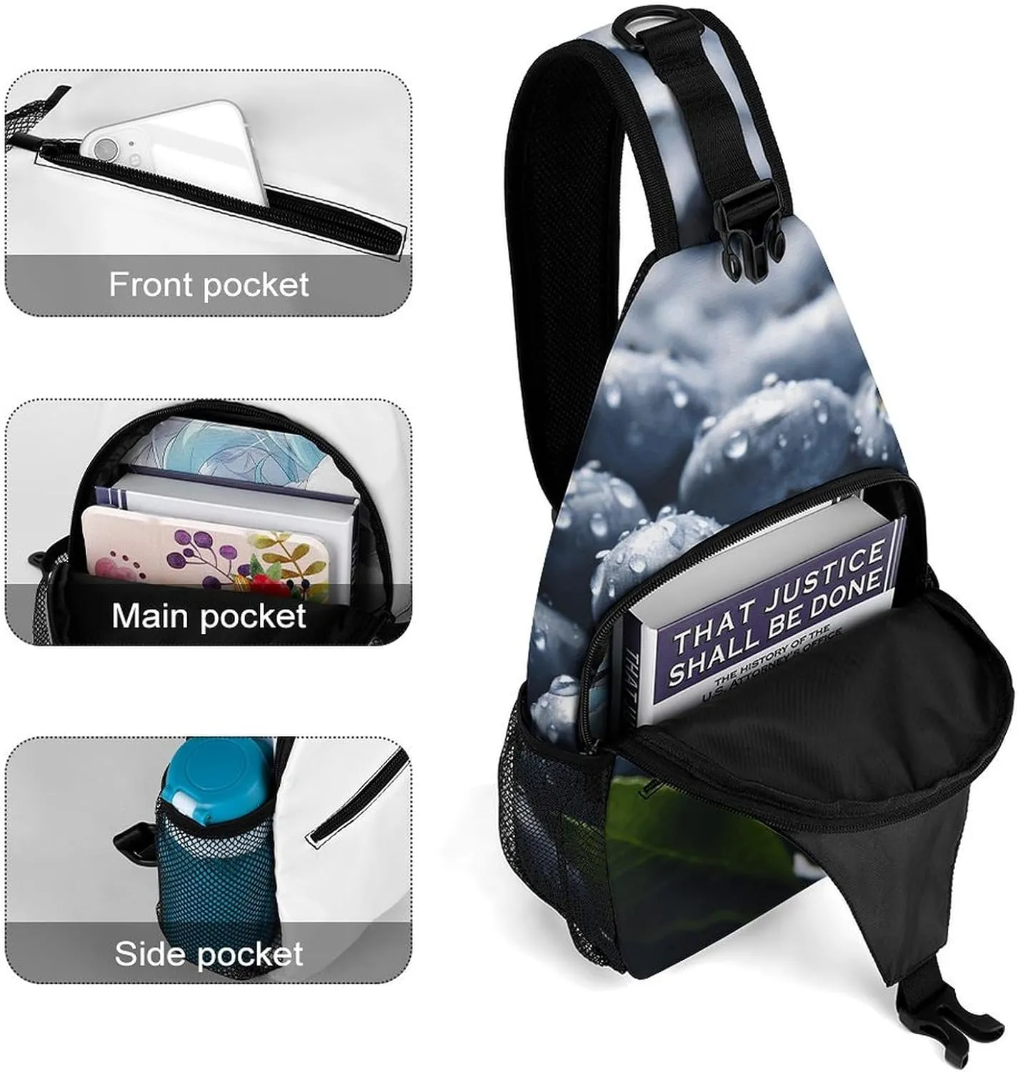 Lightweight Chest Bag Crossbody Bag Delicious Blueberry Sling Backpack for Women Men Sports Travel