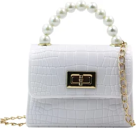 Little Girls Jelly Purse Candy Color Jelly Handbag Crocodile Crossbody Shoulder Purse with Pearls Handle Chain Strap
