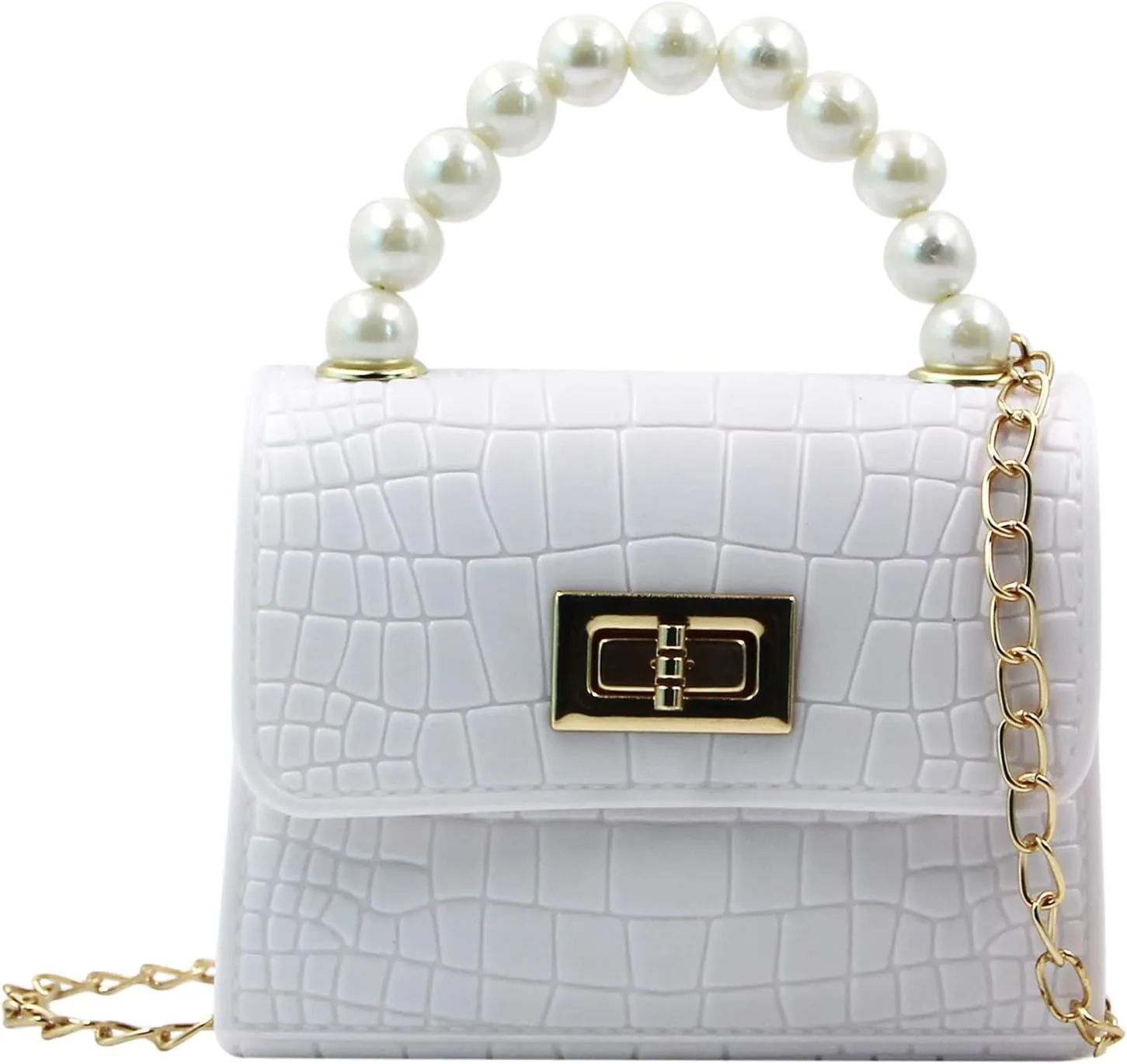 Little Girls Jelly Purse Candy Color Jelly Handbag Crocodile Crossbody Shoulder Purse with Pearls Handle Chain Strap