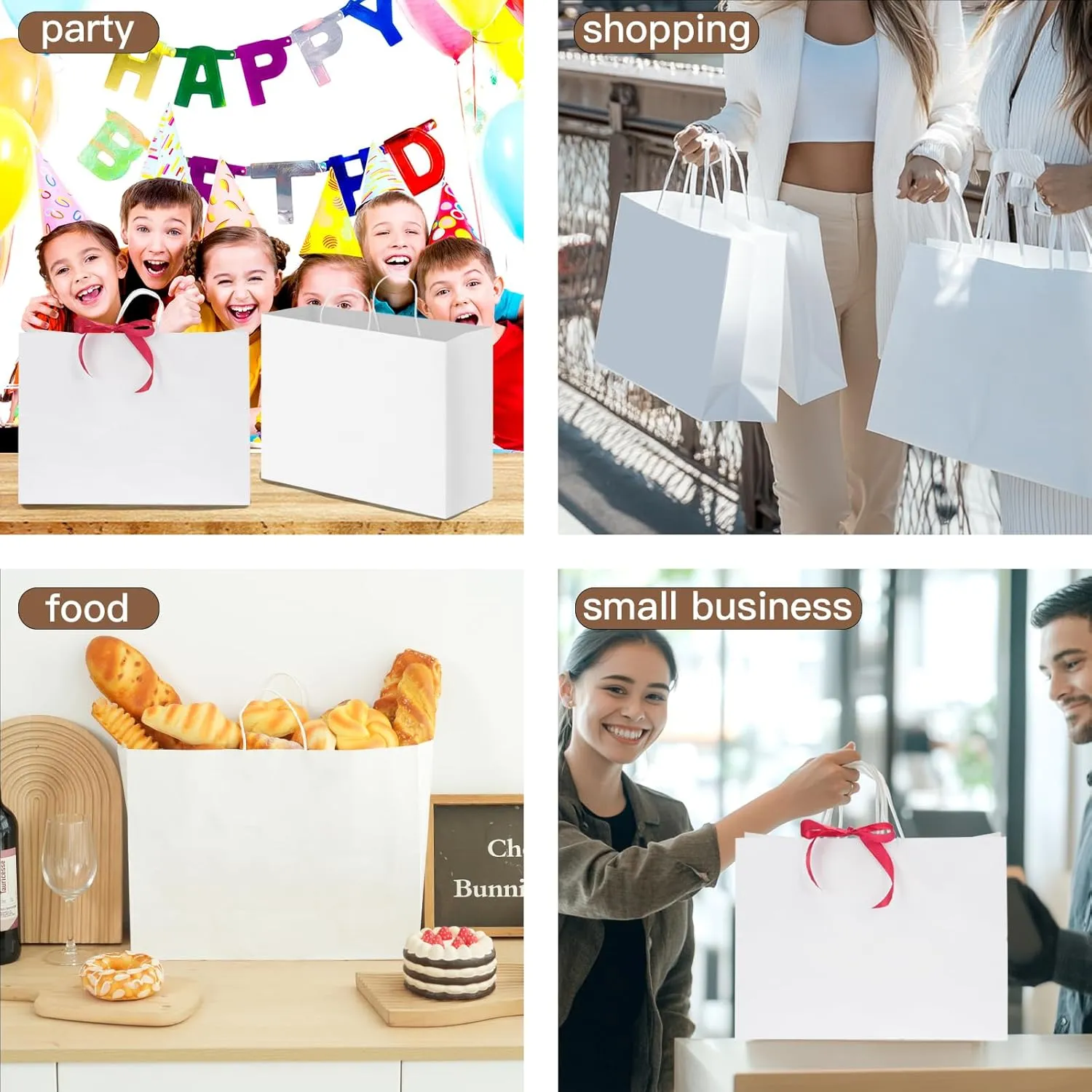 OUTUXED 60pcs 16x6x12 Inch White Paper Bags with Handles, Kraft Large Paper Gift Bags for Business, Merchandise, Gifts, Shopping, Retail Stores, Birthday Party