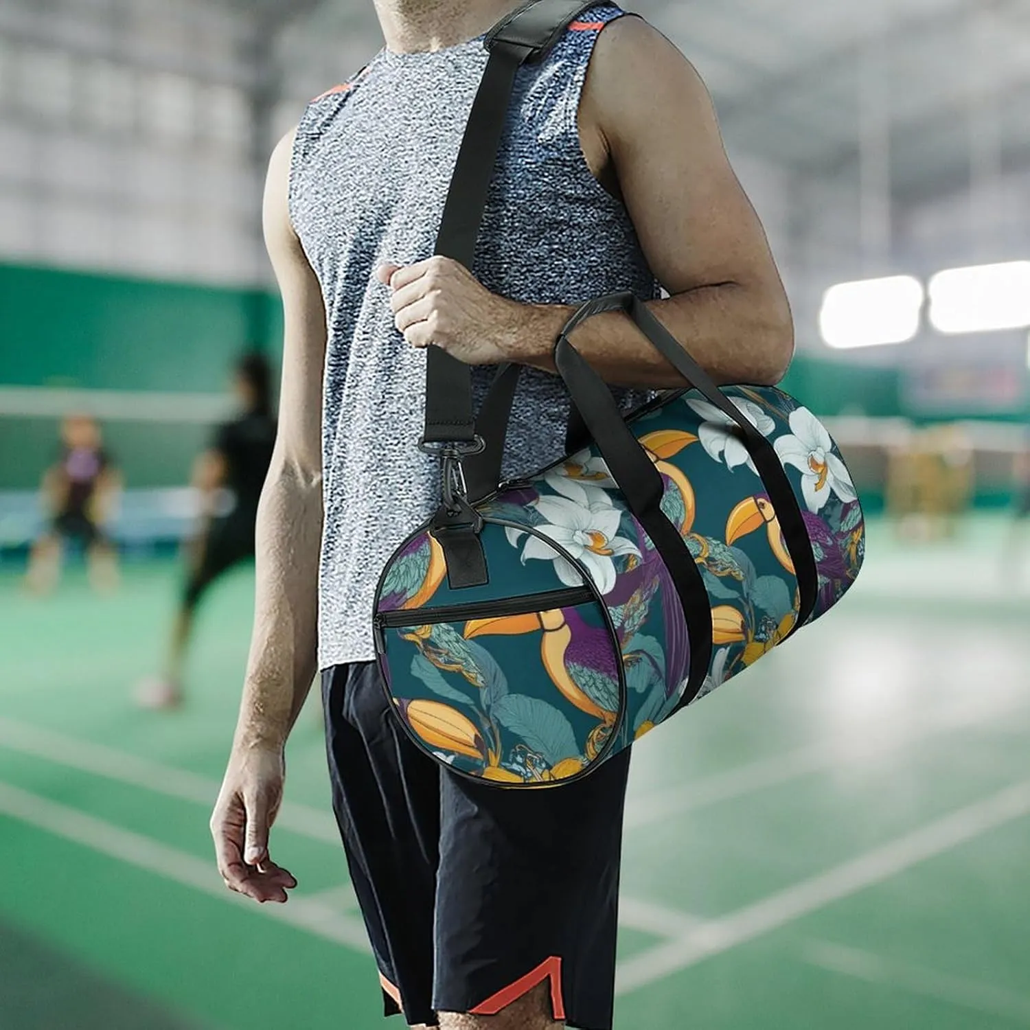 Portable Large Overnight Duffel Bags Hornbill Toucan Bird Floral Travel Storage Bag, Waterproof Gym Sports Handbag with Adjustable Shoulder Strap