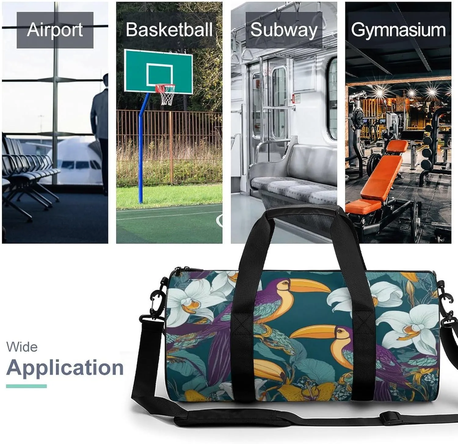 Portable Large Overnight Duffel Bags Hornbill Toucan Bird Floral Travel Storage Bag, Waterproof Gym Sports Handbag with Adjustable Shoulder Strap