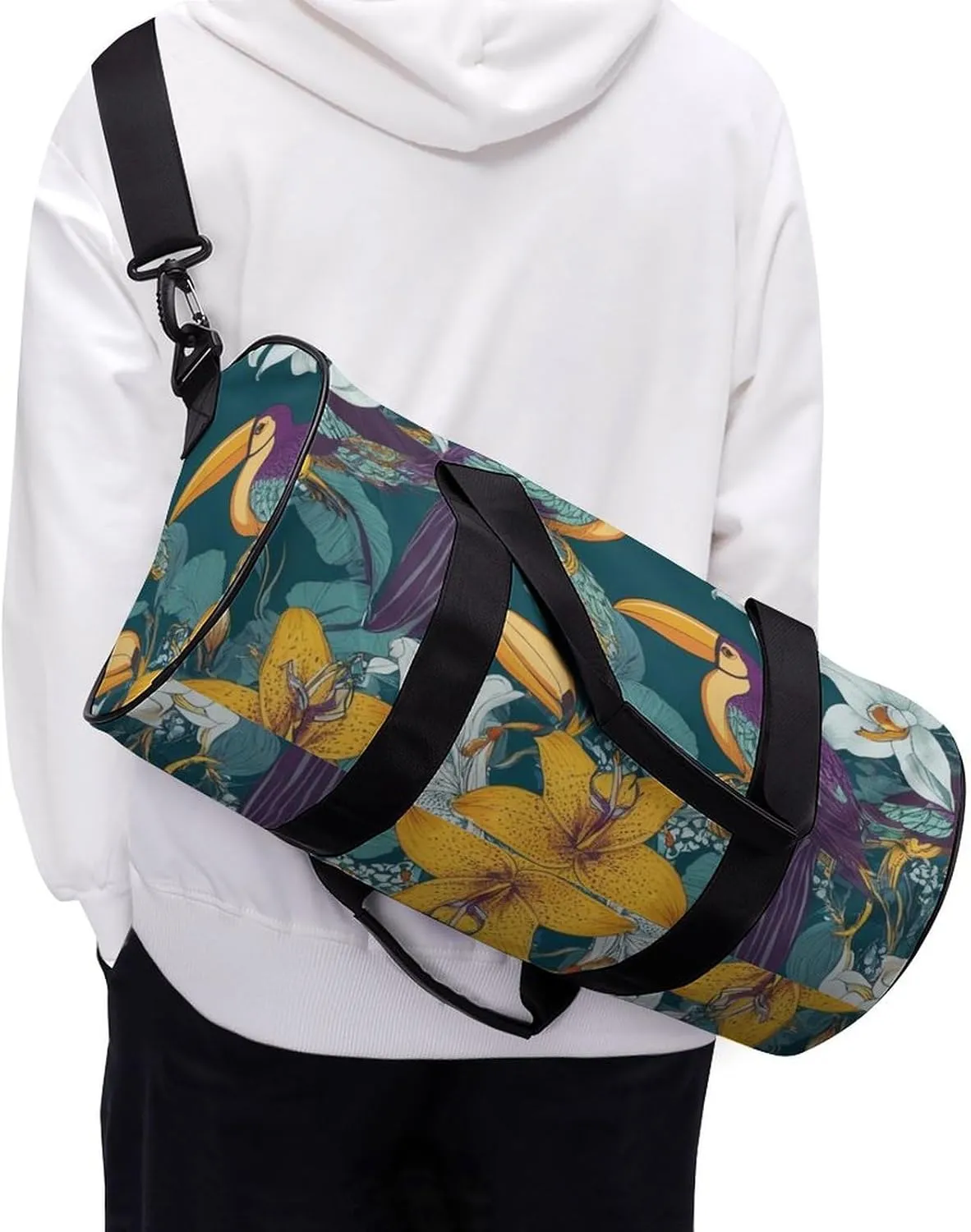 Portable Large Overnight Duffel Bags Hornbill Toucan Bird Floral Travel Storage Bag, Waterproof Gym Sports Handbag with Adjustable Shoulder Strap