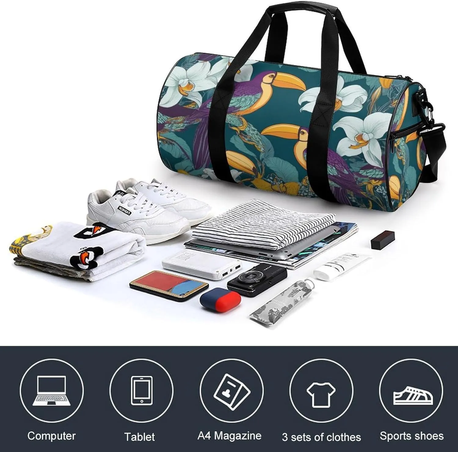Portable Large Overnight Duffel Bags Hornbill Toucan Bird Floral Travel Storage Bag, Waterproof Gym Sports Handbag with Adjustable Shoulder Strap