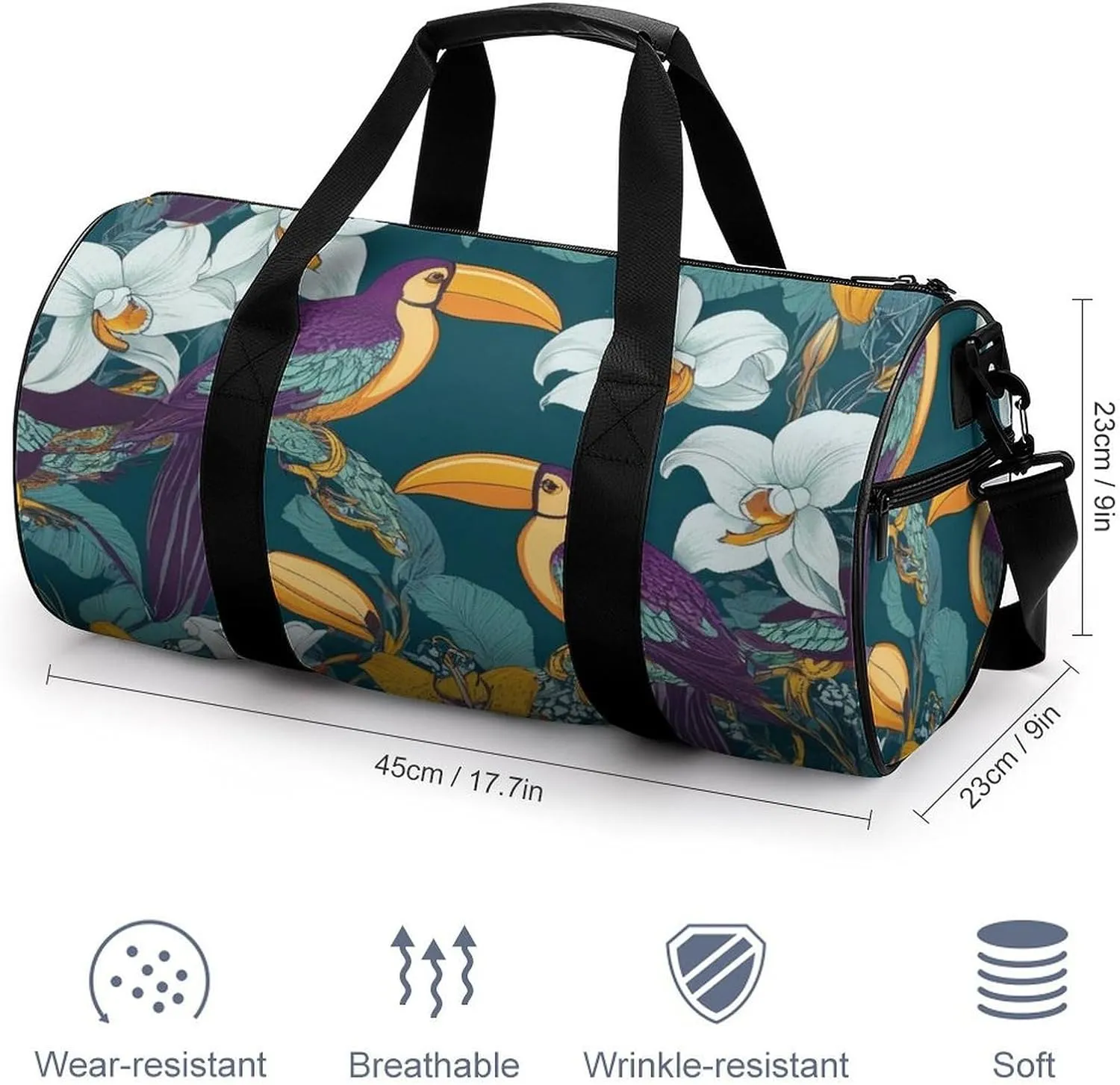 Portable Large Overnight Duffel Bags Hornbill Toucan Bird Floral Travel Storage Bag, Waterproof Gym Sports Handbag with Adjustable Shoulder Strap