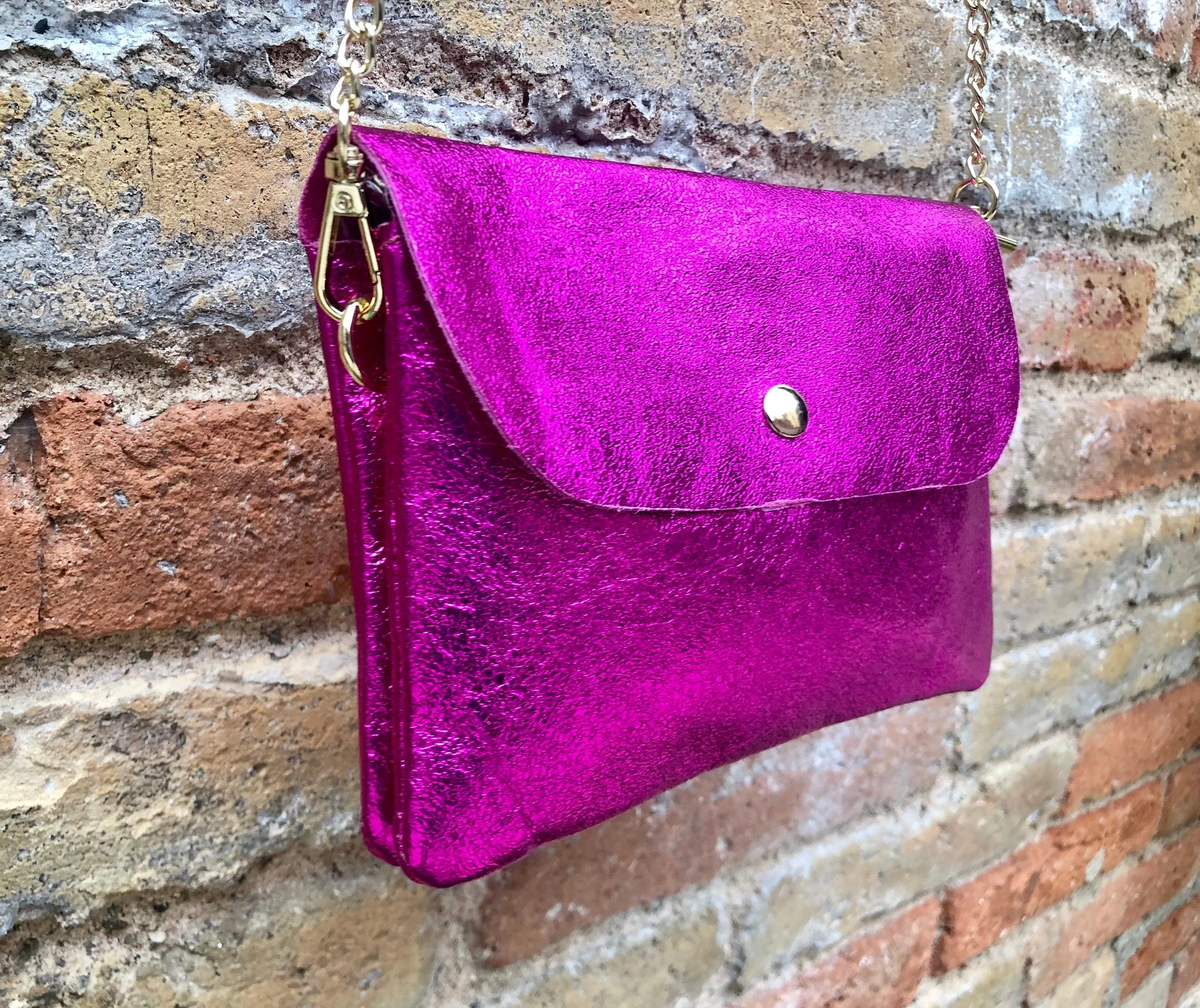 Small leather bag in metallic pink. Fuchsia crossbody or shoulder bag in GENUINE leather. Hot pink purse with metallic chain strap in gold