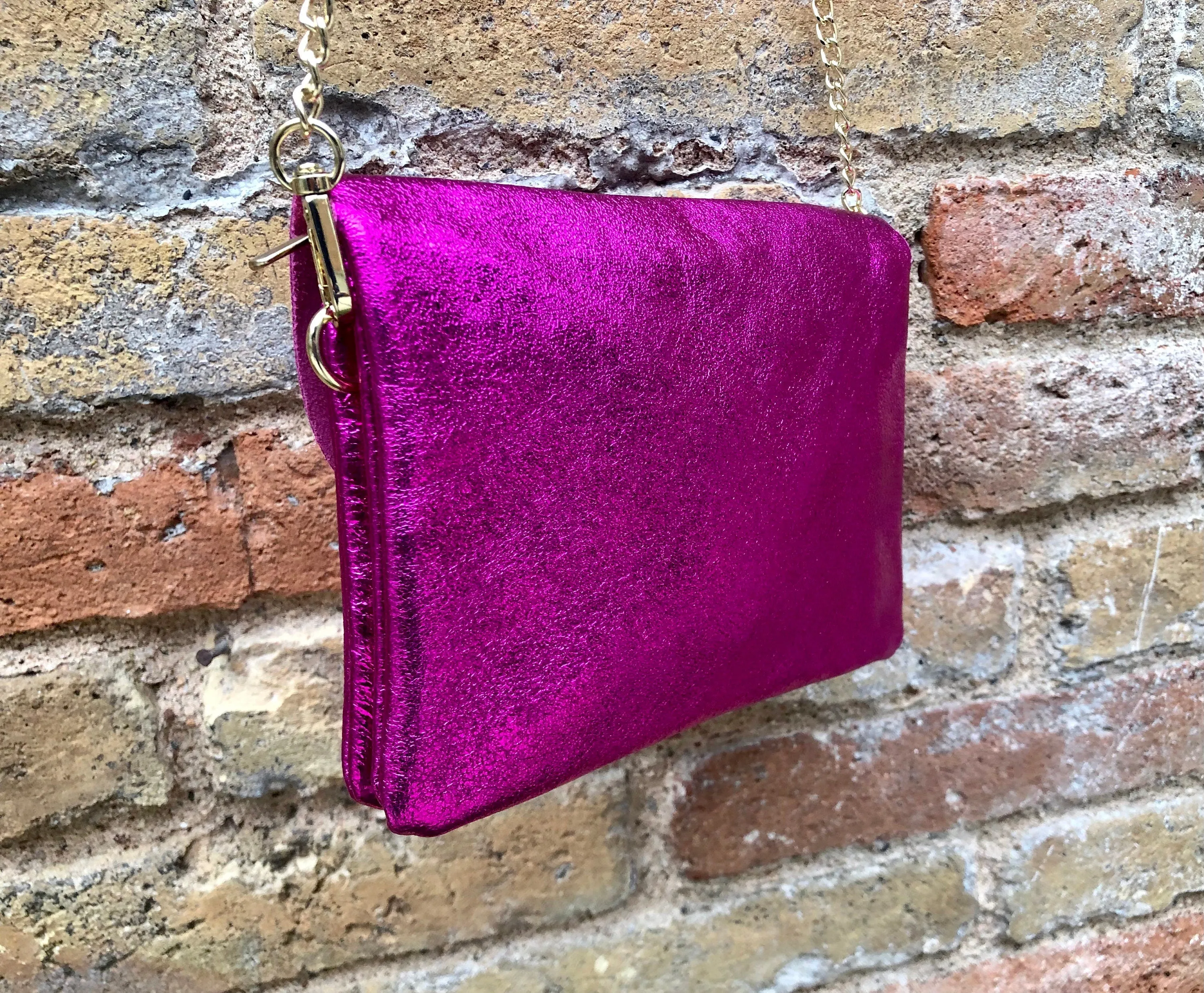 Small leather bag in metallic pink. Fuchsia crossbody or shoulder bag in GENUINE leather. Hot pink purse with metallic chain strap in gold