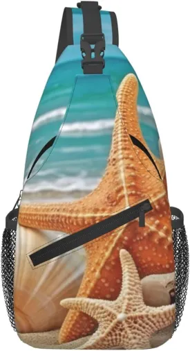 Starfish Seashell Beach Crossbody Bags for Men Women Fashion Sling Backpack Casual Chest Bag Travel Hiking Daypack