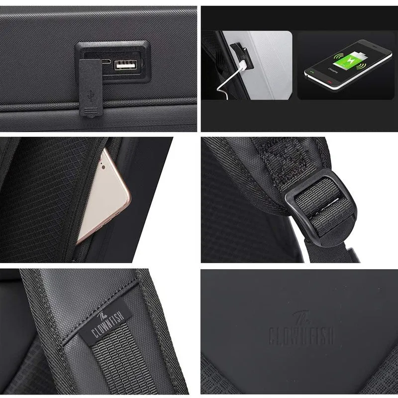 The Clownfish Medium Anti-Theft Hard Shell Laptop Backpack | USB Charging | 11L | Grey