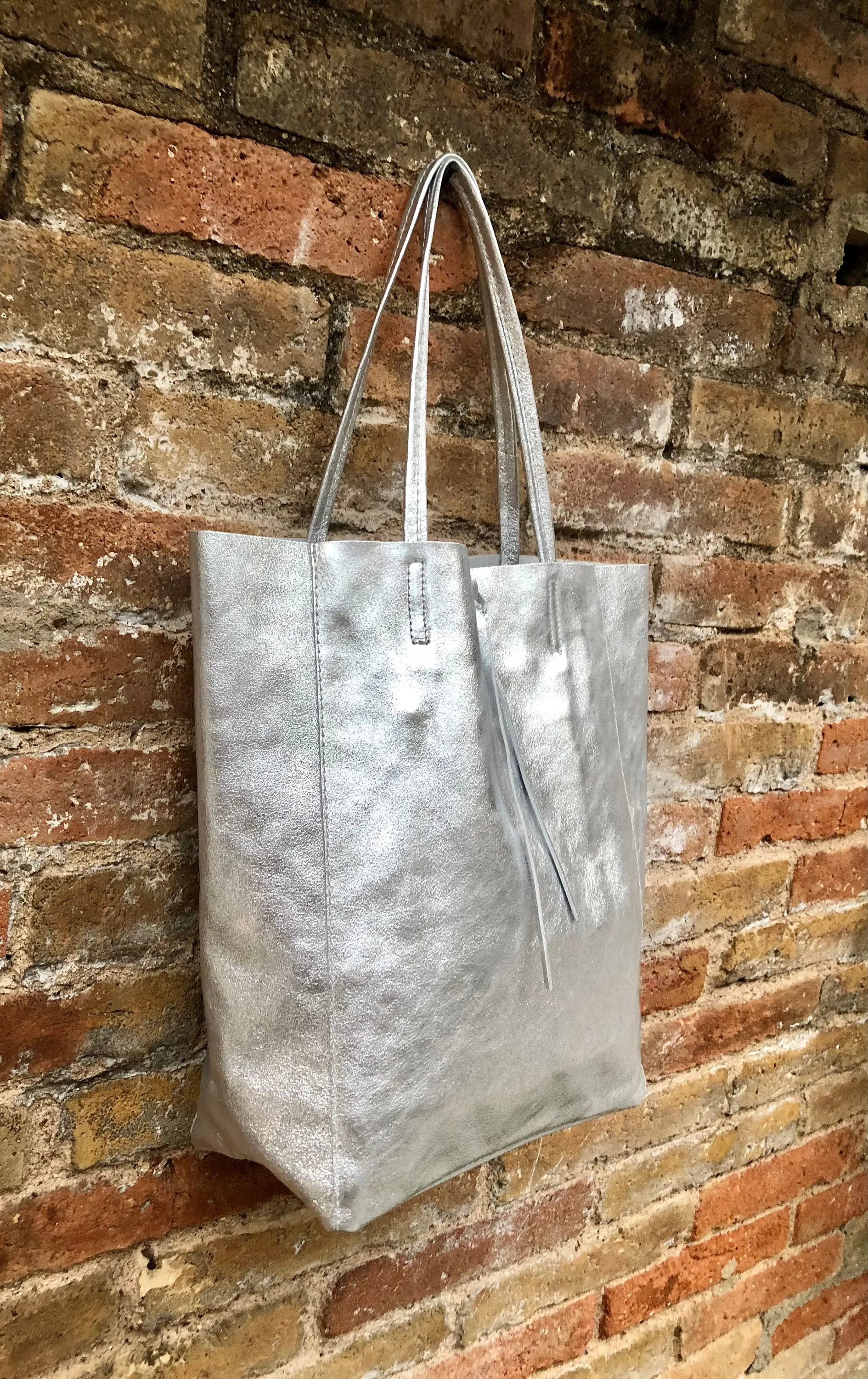 Tote leather bag in SILVER. GENUINE leather shopper with ZIPPER. Large carry all bag for your laptop, books. Metallic leather shopper