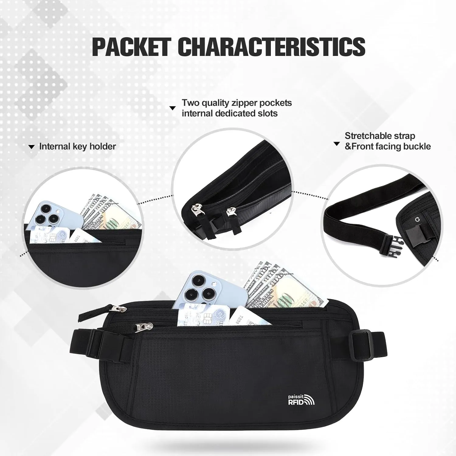 Unisex Money Belt with RFID Blocking Sleeves, Slim Passport Holder RFID Blocking Travel Essentials, Waist Pouch to Protect Cash, Black & 6 Sleeves