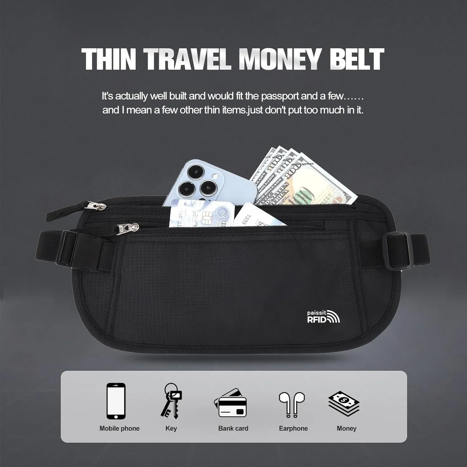 Unisex Money Belt with RFID Blocking Sleeves, Slim Passport Holder RFID Blocking Travel Essentials, Waist Pouch to Protect Cash, Black & 6 Sleeves