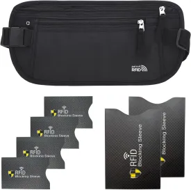 Unisex Money Belt with RFID Blocking Sleeves, Slim Passport Holder RFID Blocking Travel Essentials, Waist Pouch to Protect Cash, Black & 6 Sleeves