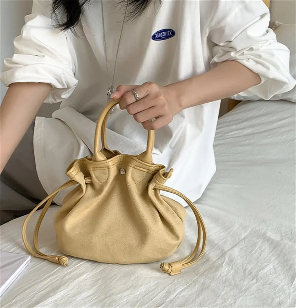 Women Canvas Tote Bag Trendy Bucket Handbag Solid Purse With Drawstring Pleated Clutch