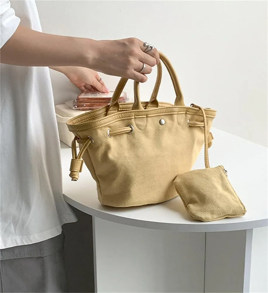 Women Canvas Tote Bag Trendy Bucket Handbag Solid Purse With Drawstring Pleated Clutch
