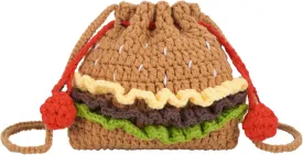 Women Girls Mini Hamburger Design Knitting yarn Woven Crossbody Shoulder Bag Drawstring Bucket Bag